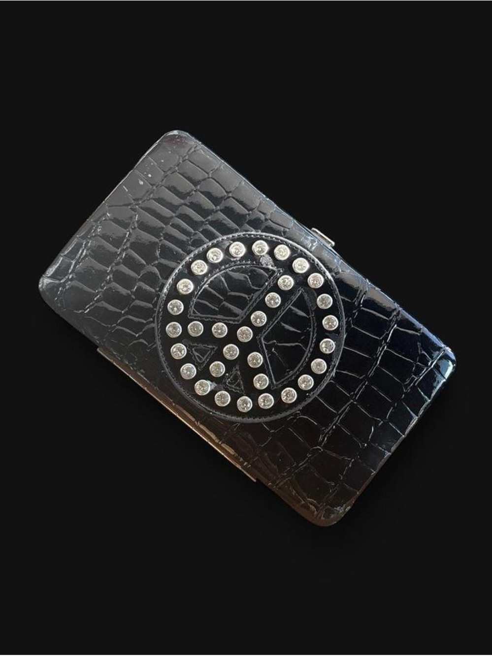 Black Croc-Texture Rhinestone Peace Wallet